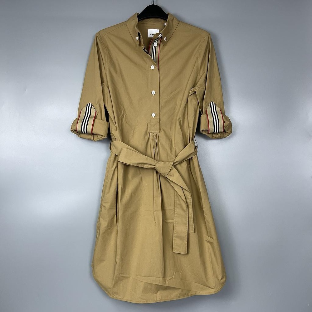 NWT Burberry classic strips camel color women mid-length button down dress